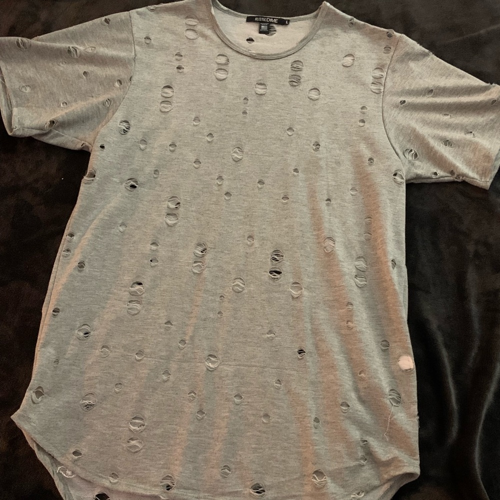Gray distressed long body Rustic Dime shirt